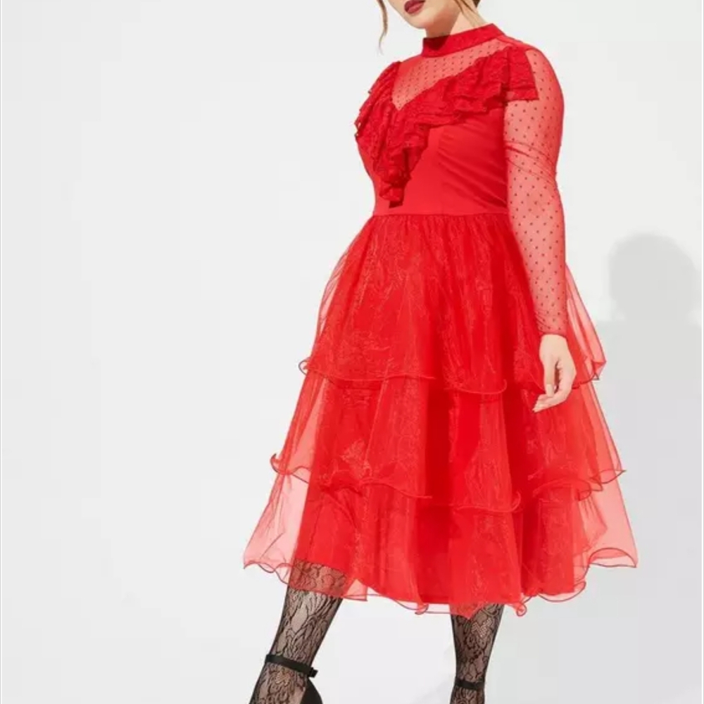 Beetlejuice Lydia Stretch Challis Red Mesh Tiered Dress